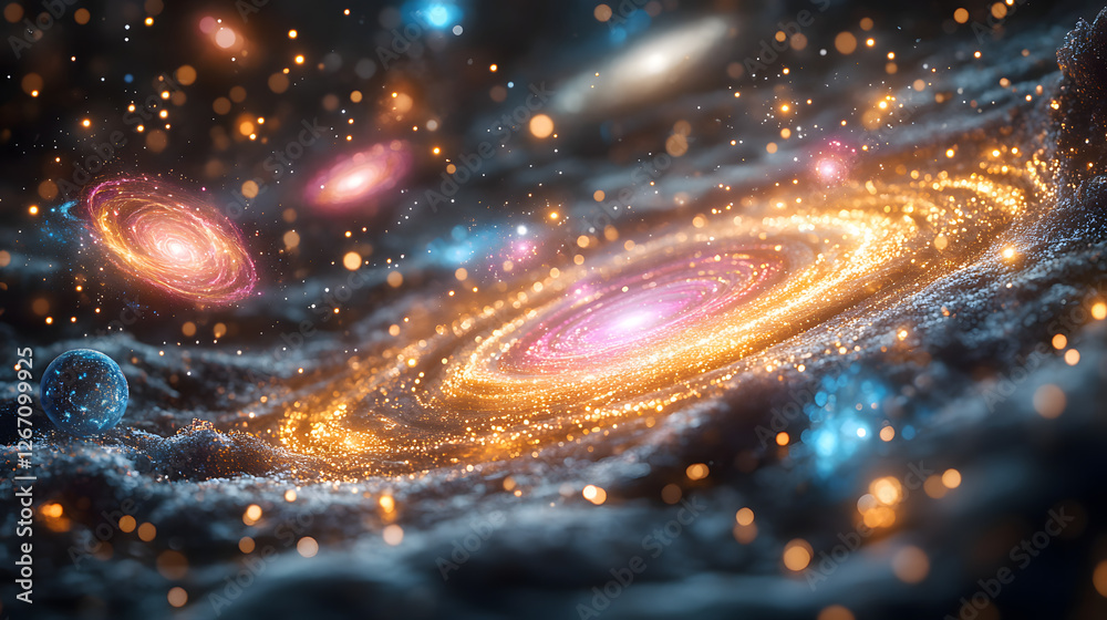 Celestial Symphony: Dive into the cosmic dance of swirling galaxies and celestial wonders, an artistic portrayal of the universe's grand spectacle. The image is a visualization of cosmic beauty.