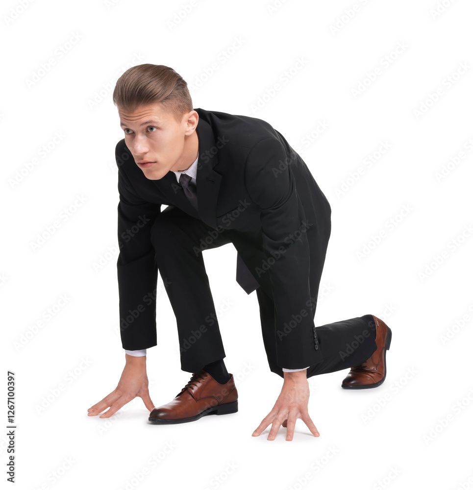 Businessman in starting position for run ready for competition on white background Businessman in starting position for run ready for competition on white background