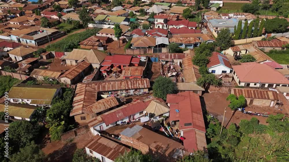 Moshi city aerial view with dirt streets and tin-roof houses Moshi city aerial view with dirt streets and tin-roof houses