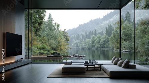 Fototapeta Naklejka Na Ścianę i Meble -  Modern Japanese-style living room with mountain view