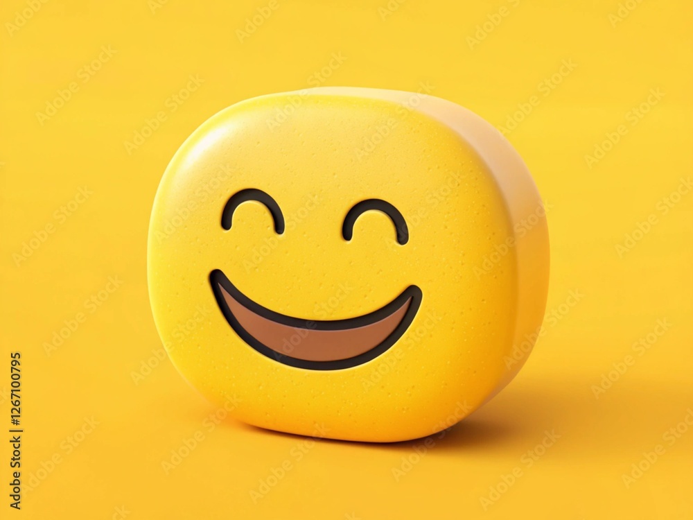 Fototapeta premium The image features a 3D-rendered yellow smiley face emoji with a joyful expression, set against a matching yellow background