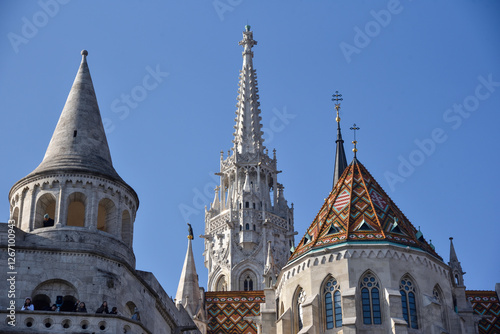 Budapest city, Hungarian capital - Fisherman's Bastion towers and The Church of Our Lady of Buda tower.