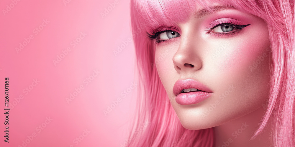 A beautiful woman showcases her pink hair and bold makeup, exuding confidence in a bright and playful atmosphere, surrounded by soft pink tones A beautiful woman showcases her pink hair and bold makeup, exuding confidence in a bright and playful atmosphere, surrounded by soft pink tones