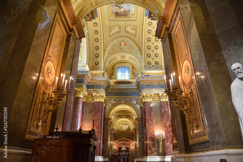 Budapest city, Hungarian capital - interior of St. Stephen's Basilica, richly decorated with golden elements.