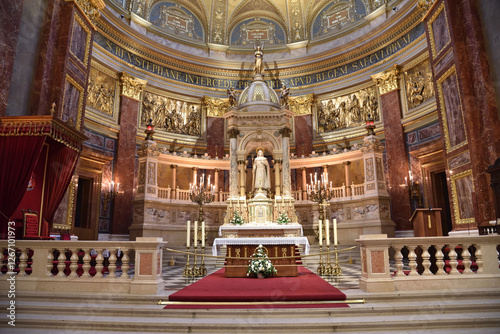 Budapest city, Hungarian capital - interior of St. Stephen's Basilica, richly decorated with golden elements.