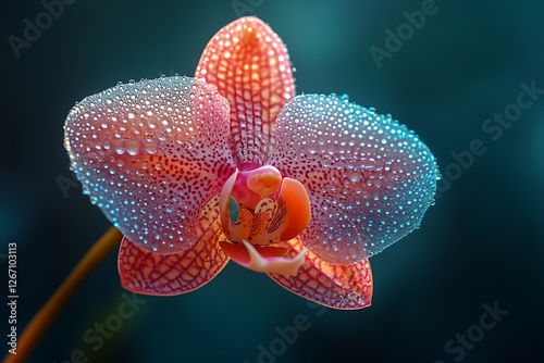 Close-up of a vibrant pink orchid with dew droplets against a blurred blue-green background