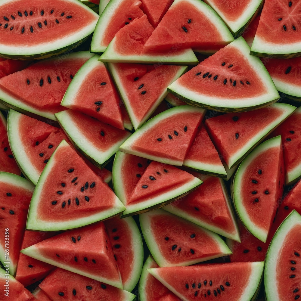 A stack of triangular watermelon slices arranged neatly on a clear background. A stack of triangular watermelon slices arranged neatly on a clear background.