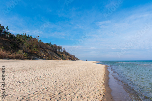 Golden Sandy Beach with Gentle Waves and Forested Cliffs on a Sunny Day in Jastrzębia Góra