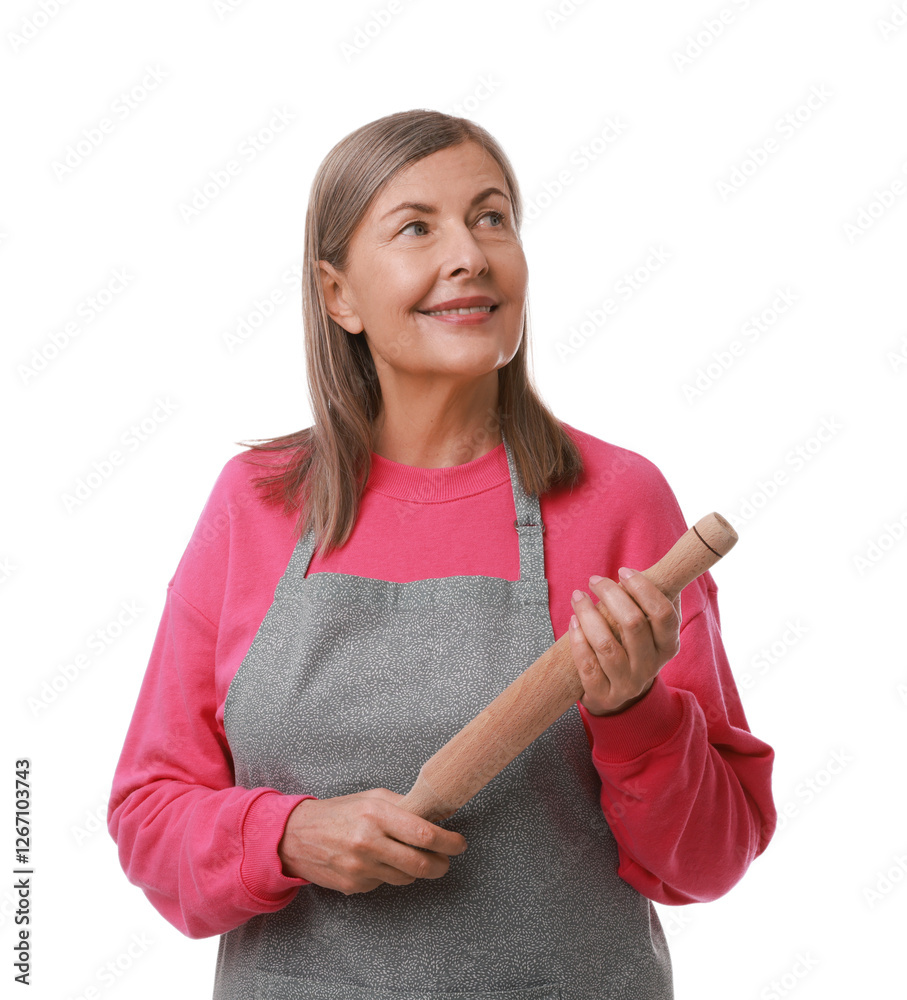 Happy woman with rolling pin on white background Happy woman with rolling pin on white background