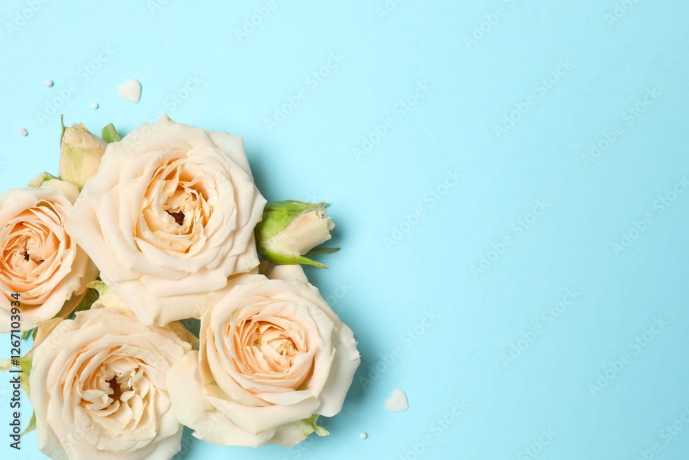 Fototapeta premium Beautiful composition with peony roses on color background
