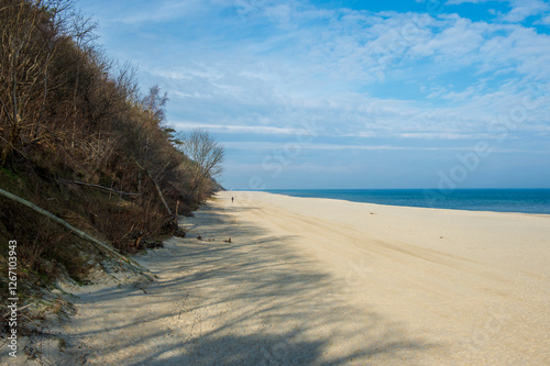 Empty Beach with Blue Sky and Calm Sea in Spring, Baltic Sea, Poland