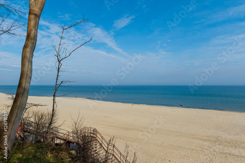Empty Beach with Blue Sky and Calm Sea in Spring, Baltic Sea, Poland