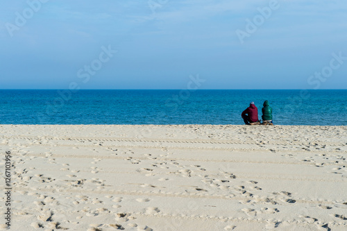 Empty Beach with Blue Sky and Calm Sea in Spring, Baltic Sea, Poland