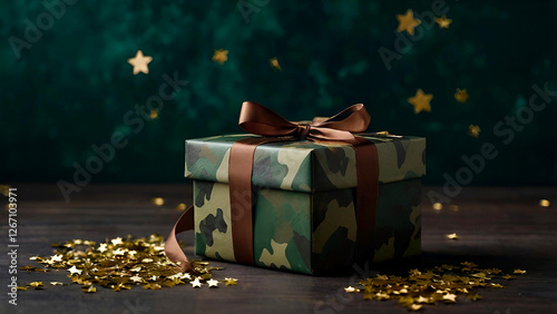 The concept of Defender of the Fatherland Day on February 23. Gift camouflage box with a festive satin ribbon bow on a dark green background. photo