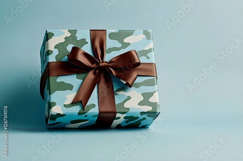 The concept of Defender of the Fatherland Day on February 23. Gift camouflage box with a festive satin ribbon bow on a light blue background. photo