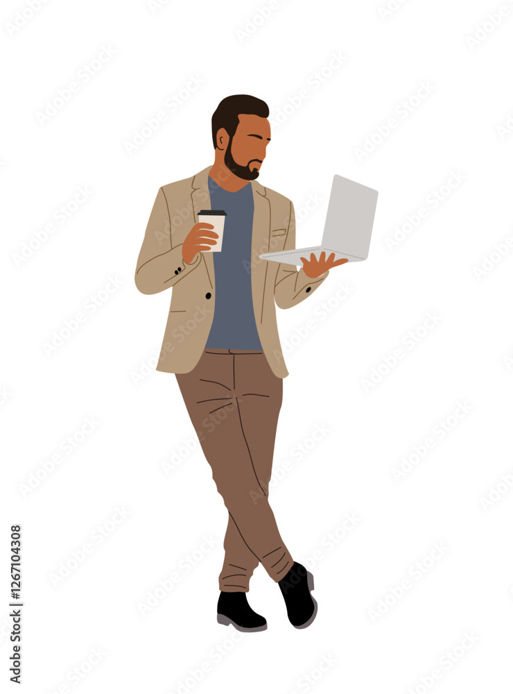 Businessman standing with laptop and coffee cup. Man wearing smart casual office outfit using computer. handsome bearded male cartoon character. Vector illustration isolated on transparent background. Businessman standing with laptop and coffee cup. Man wearing smart casual office outfit using computer. handsome bearded male cartoon character. Vector illustration isolated on transparent background.
