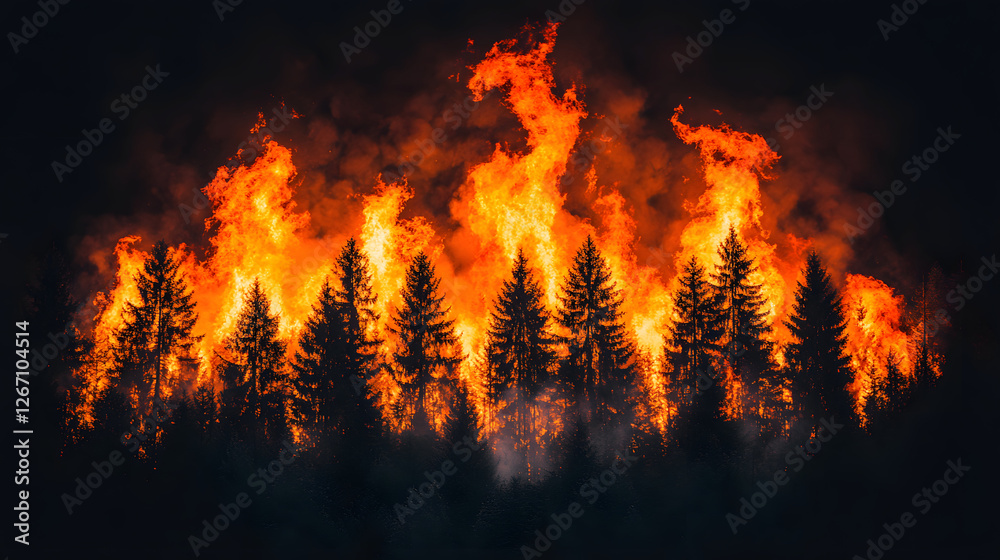 Forest Inferno: Capturing the raw, untamed power of nature, this image shows a raging forest fire, flames consuming the trees against a dark backdrop. Evoking both awe and concern. Forest Inferno: Capturing the raw, untamed power of nature, this image shows a raging forest fire, flames consuming the trees against a dark backdrop. Evoking both awe and concern.