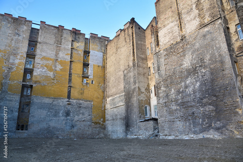 Budapest city, Hungarian capital - old residential buildings, part of house removed to make space for new buildings.