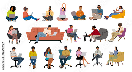 Bundle of Business people working at laptop. Different casual men, women sitting on the floor, on armchairs, sofa with computer. Vector realistic illustration set isolated on transparent background.