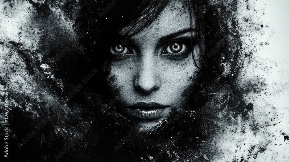 Mysterious portrait of a woman emerging from a dark, swirling background, evoking intrigue and depth Mysterious portrait of a woman emerging from a dark, swirling background, evoking intrigue and depth