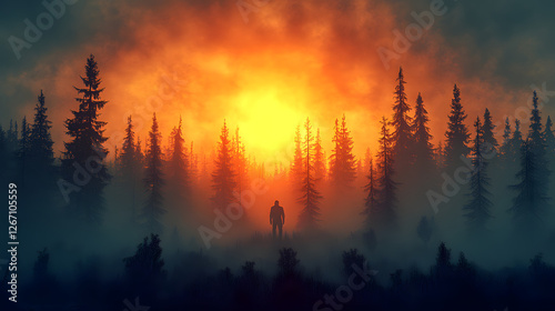 Solitary Silhouette: A captivating digital illustration showcases a lone figure standing amidst a silhouetted forest, bathed in the warm, intense glow of a sunset.