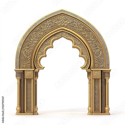 Golden Archway Islamic Architecture Design Elegant Ornate Detailed 3D Render Luxury Entrance Gate Intricate Pattern Arabic Style Golden Gate Royal    
