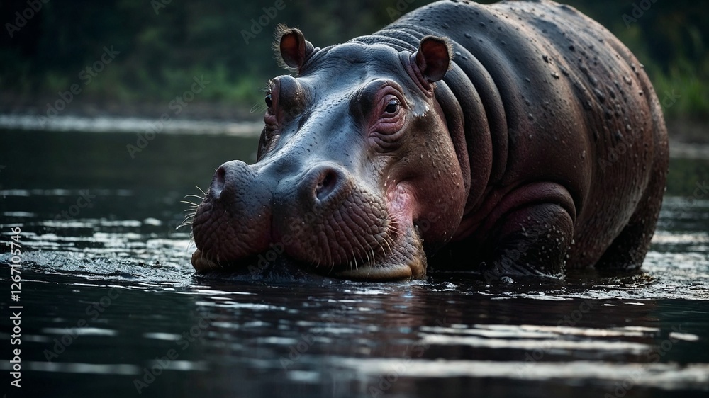 Fototapeta premium Hippo partially submerged in water with inquisitive expression