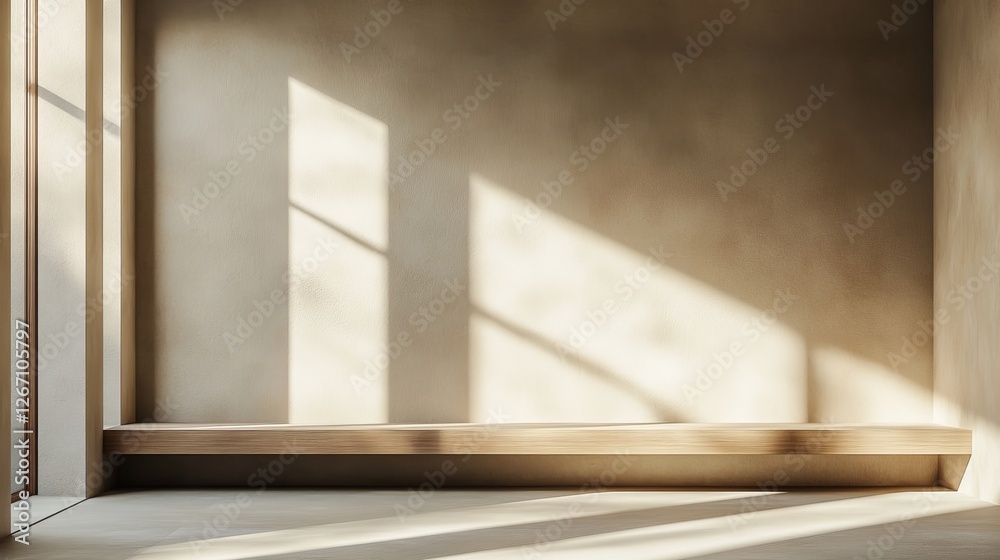 Fototapeta premium Cozy Room Featuring a Rustic Wooden Bench Beneath a Bright Window Bathed in Natural Light Creating a Warm and Inviting Atmosphere Perfect for Relaxation and Contemplation in a Home Space