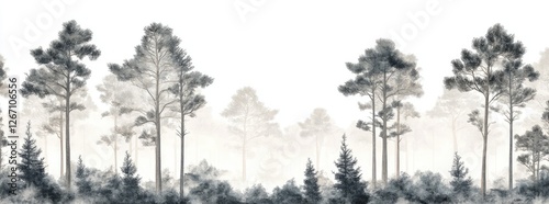 Wallpaper Mural Misty forest panorama tall pines, foggy background, wallpaper design Torontodigital.ca