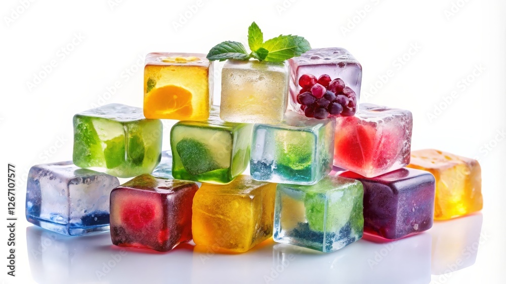 Colorful Fruit-Infused Ice Cubes on White Background Colorful Fruit-Infused Ice Cubes on White Background