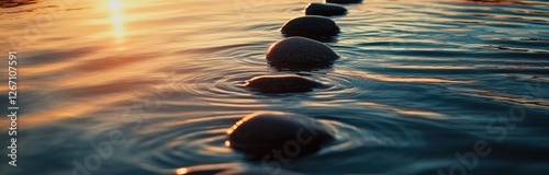 Sunset stones path, tranquil water, ripples, peace