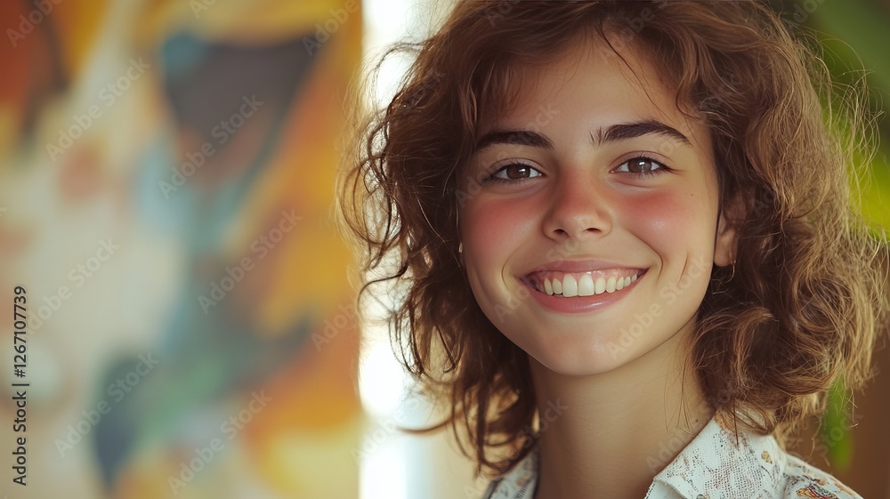 Fototapeta premium A woman with curly hair is smiling and looking at the camera