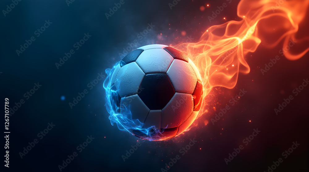 Fototapeta premium Fiery Soccer Ball Art: Dynamic Football with Blue and Red Flames - High-Energy Sports Illustration for Wallpaper, Posters, and Digital Design