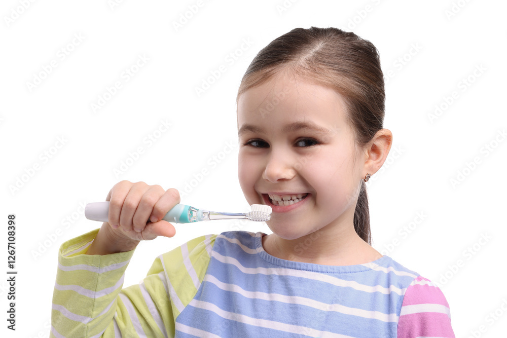 Cute girl brushing her teeth on white background Cute girl brushing her teeth on white background
