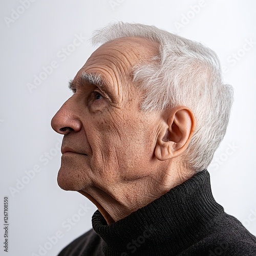 Profile Portrait of a Senior Man with White Hair Thoughtful Expression Elderly Person Mature Age Old Man Silver Hair Wrinkled Skin Black Turtleneck   