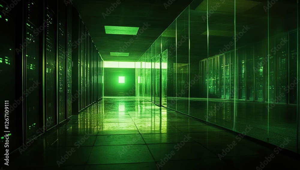 Exploring the Green Glow: Data Center Corridor Architecture and Design with Illuminating Glass Walls at Night Exploring the Green Glow: Data Center Corridor Architecture and Design with Illuminating Glass Walls at Night