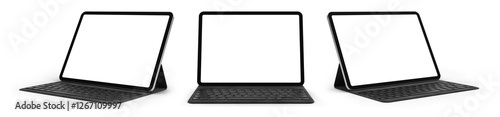Tablet with typecover mockup isolated with transparent screen png in different viewing angles