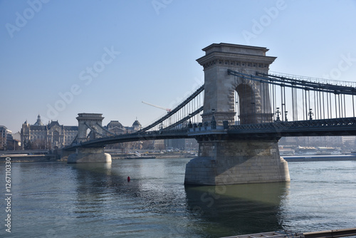 Budapest city, Hungarian capital - Szechenyi Chain Bridge over Danube river.