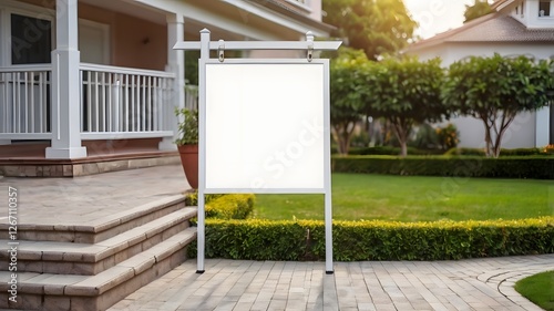 Beautiful modern home exterior featuring a blank white real estate sign board mockups for listing information, for sale advertising billboard poster 