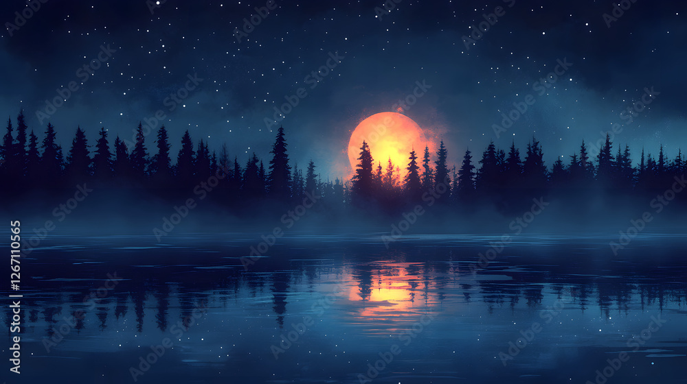 Fototapeta premium Enchanted Nightscape: A surreal depiction of a serene lake under a starry, moonlit sky, with silhouetted trees creating a captivating contrast. The scene is a symphony of cool blues and fiery oranges.