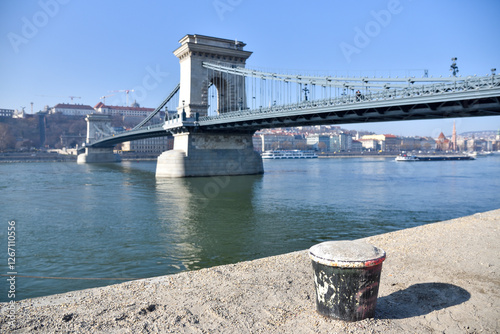 Budapest city, Hungarian capital - Szechenyi Chain Bridge over Danube river. photo