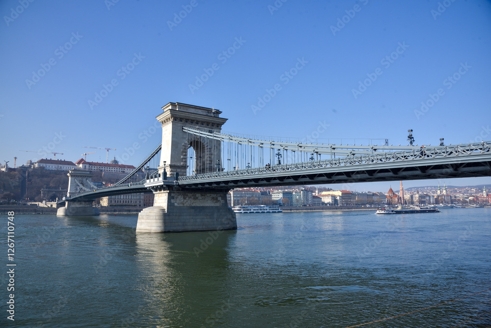Obraz premium Budapest city, Hungarian capital - Szechenyi Chain Bridge over Danube river.