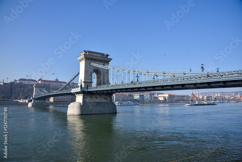 Budapest city, Hungarian capital - Szechenyi Chain Bridge over Danube river. photo