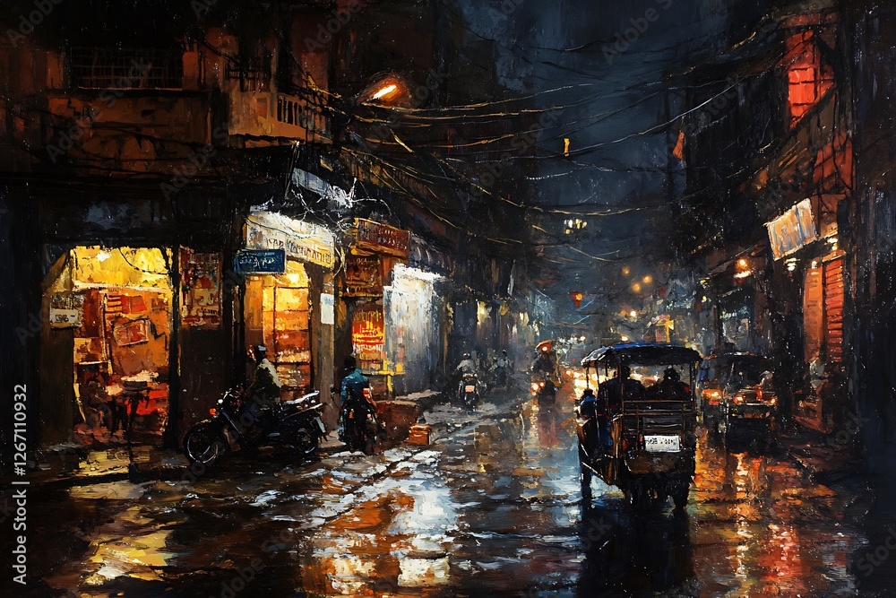 Obraz premium A vibrant city street at night, illuminated by shop lights and reflecting rain on the pavement.