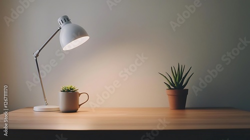 A desk with a lamp and a plant on it