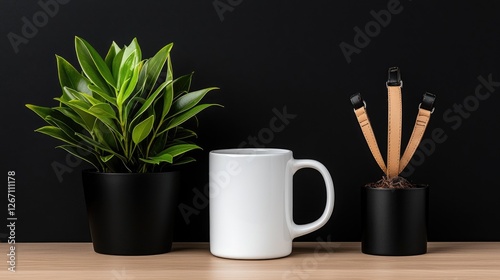 Mockup of white mug and plants on a wooden surface