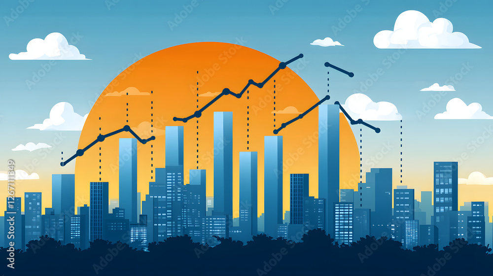 Obraz premium City Skyline with Business Charts: A stylized illustration of a city skyline with rising and falling business charts superimposed against a sunset sky, symbolizing market trends, growth.