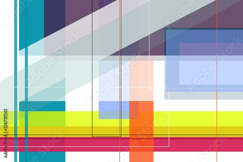 Vibrant abstract geometric architectural composition featuring overlapping shapes, bold color blocks, layered angles, and dynamic lines.