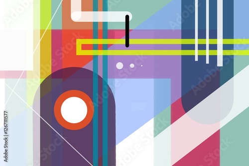 Happy Abstract geometric design with vibrant overlapping shapes, bold color blocks, and modern layered angles.