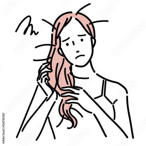 ダメージを受けた髪を触り困った顔をする綺麗な女性のイラスト